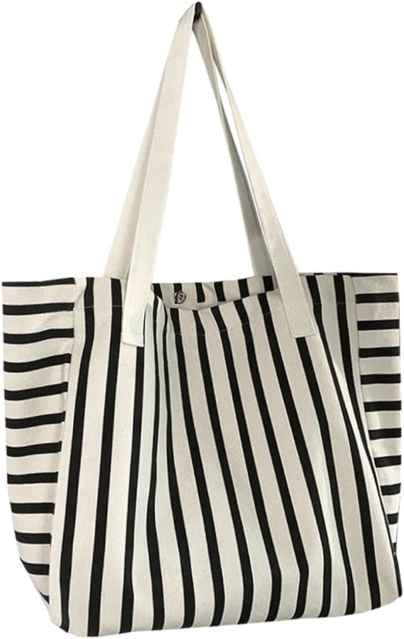 Striped Canvas Tote Handbag for Women Large Capacity Bag Lightweight Shoulder Bags for Shopping Travel