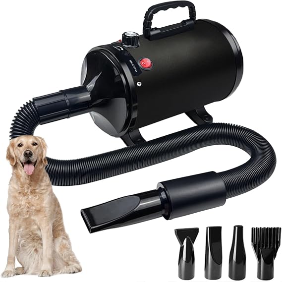 Dog Dryer for Pet Grooming, High-Velocity Force Blow Dryer | Speed Temperature Adjustable Dog Blower Grooming Dryer with 4 Nozzles