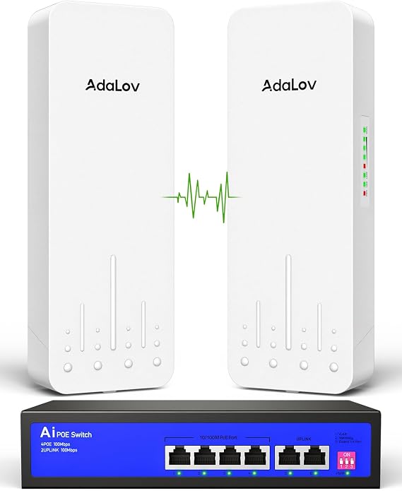 AdaLov 1.9-Mile 300Mbps 5.8GHz Outdoor Wireless Bridge Kit with PoE Switch | 2 IP65 Bridges + 6-Port 48V Ai PoE Switch; 14dBi Antennas; Network Extend for Barns, Garages, Farms, CCTV, IP & Remote Sites
