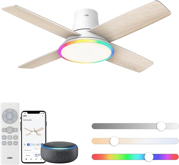 DREO Ceiling Fans with Lights 44'', RGBIC Flush Mount Smart Ceiling Fan