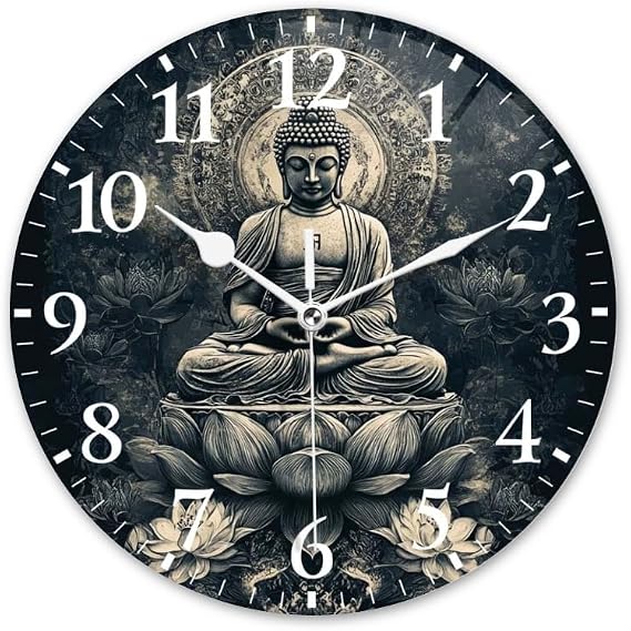 Battery Operated Round Wall Clock Non-Ticking Silent Analog Clcok Decorative for Living Room,Office,Kitchen-Buddha in Meditation On Lotus Throne(12inch)