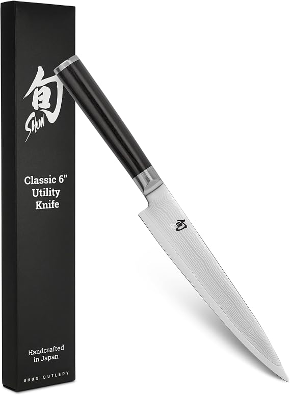 Shun Classic 6" Utility Knife, Handcrafted Japanese Kitchen Knife, VG-MAX Core with Damascus Stainless Steel Cladding, Pakkawood Handle, Precision and Sharpness for Professional and Home Chefs