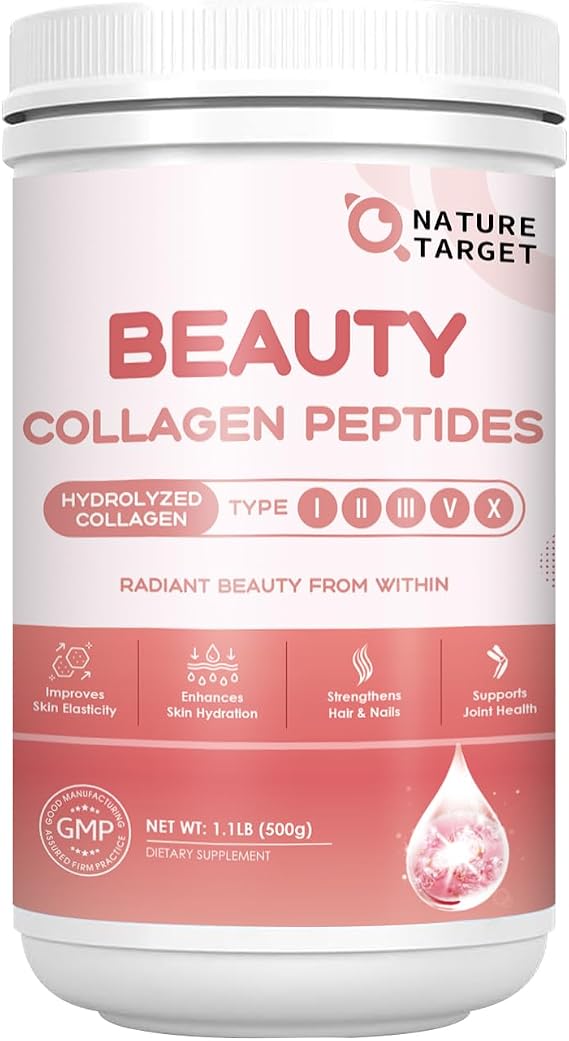 NATURE TARGET Beauty Collagen Peptides Powder for Women, 50 Servings | Multi Collagen Powder with Vitamin C, Biotin, Hyaluronic Acid, Unflavored, Keto Friendly, Easy Dissolve, Non-GMO
