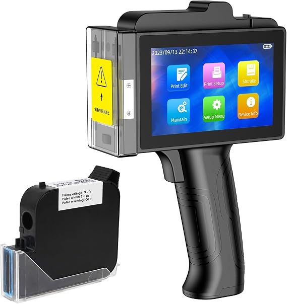 TIJ800P Handheld Inkjet Printer 1 inch Portable Handheld Printer Gun 5 Inch Screen Quick Drying Inkjet Coding Machine for Batch Number/Date/Barcode/QR Code/Logo etc
