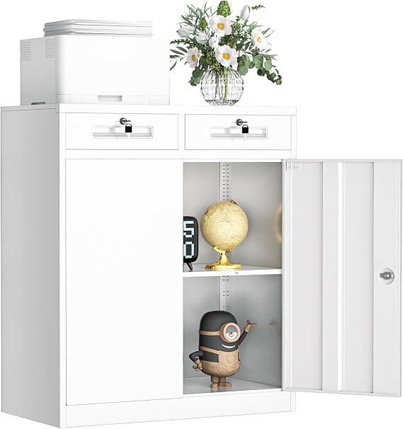 INTERGREAT Metal Storage Cabinet with Drawers, 36H Lockable Office Storage Cabinets with 2 Doors and Adjustable Shelves, White Steel File Cabinet for Home Office, Garage, School, Apartment(White)