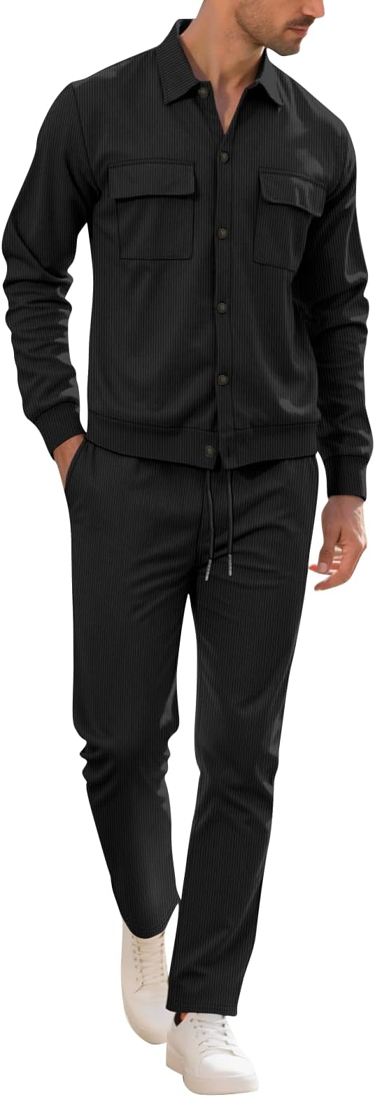 Sweatsuits for Men Track Suits 2 Piece Set Work-Out Long Sleeve Stretchy Fit Outfits Button Lapel Solid Color Suit