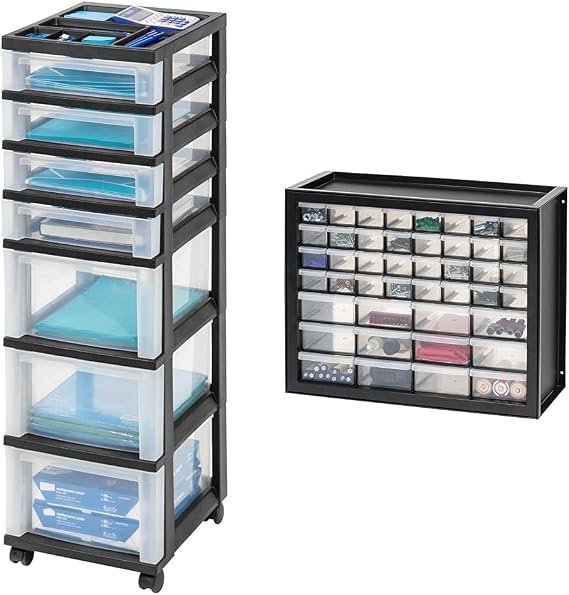 IRIS USA Craft Organizers and Storage, Rolling Storage Cart for Classroom Supplies, Storage Organizer & USA 44 Drawer Stackable Storage Cabinet for Hardware Parts Crafts