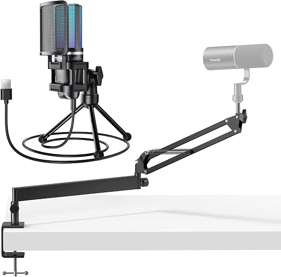 TONOR TC777 Pro Gaming USB Microphone for PC and Low Profile Boom Arm T20LP, Computer Cardioid Condenser PC Gaming Mic with Adjustable Mic Stand