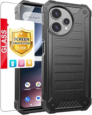 TJS Compatible with Cricket Icon Pro 2026 Case, AT&T Motivate Pro 2 5G Case, with Tempered Glass Screen Protector, Dual Layer Premium Tough Lined Design Hybrid Shockproof Heavy Duty Phone Case Black