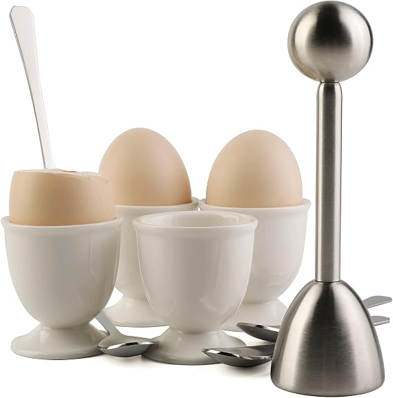 Egg Cracker Topper Set for Soft Hard Boiled Eggs Shell Removal Separators | Includes 1 Egg Cutter 4 Ceramic Eggs Cups and 4 Eggs Spoons