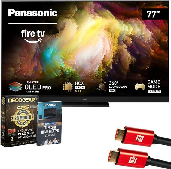 Panasonic Z8BAP 77 Inch OLED 4K Smart, Fire TV, 144Hz HDR10+ TV-77Z8BAP Bundle with Deco Gear CPS Exclusive 26 Month Protection, 2X HDMI Cable & Deco Gear Complete Home Theater Beginner's Guidebook