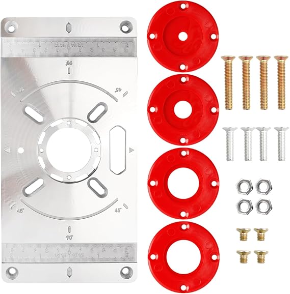 Wolfride Router Table Insert Plate Kit, Aluminum Router Plate with 4 X Red Router Insert Rings, 16 x Fixing Screws