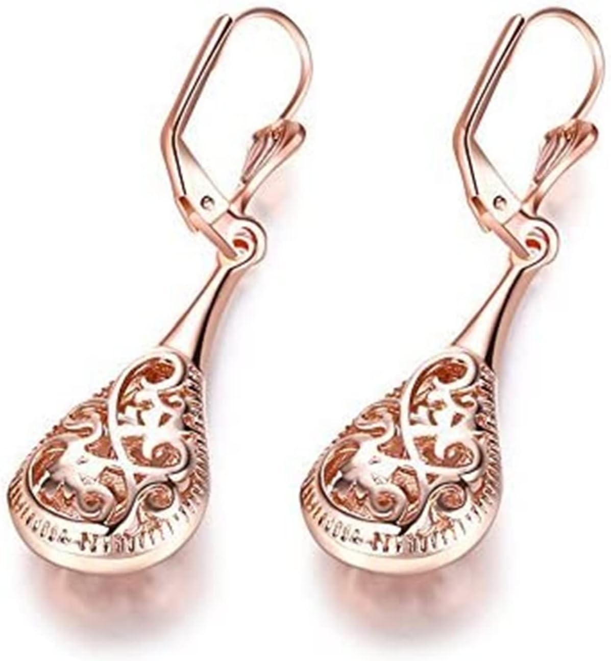 Rose Gold Filigree Teardrop Leverback Earrings 18K Rose Gold Plated Lady Jewelry