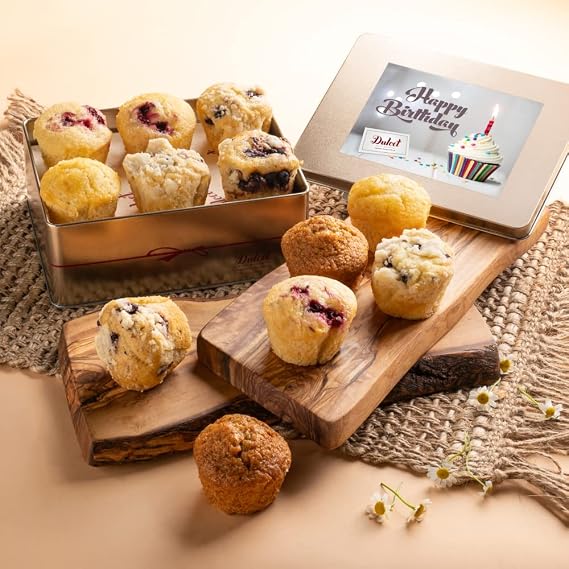 Dulcet Gift Baskets Happy Birthday Old Fashioned Muffins Assortment with Delectable Flavors- Blueberry, Cranberry, Banana, Birthday Gift for Mom, Dad, Him, Her, Student, Military, Teens, Friends,