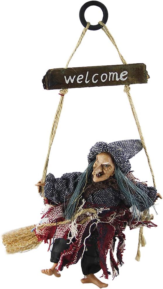 Witch on Broom Halloween Hanging Doll with Welcome Plaque Creepy Halloween Decoration Props for Front Door Haunted House Bar Restaurant KTV Decor Hanging Scary Ghost Party Decor