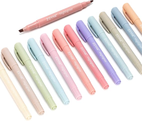ZEYAR Highlighters, Dual Tips, 12 Vintage Colors, Chisel & Fine Point, Aesthetic Marker for Journal, Bible Study, School, Office Supplies