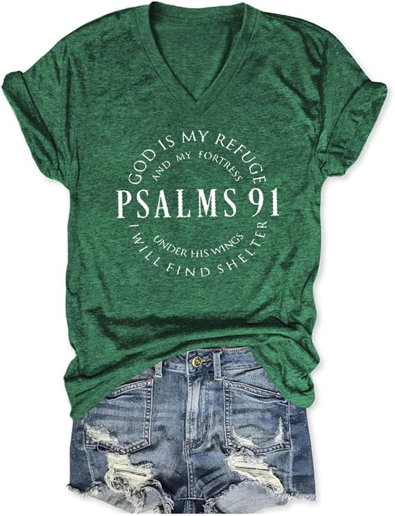 Christian Shirts for Women Psalms 91 Religious Faith V Neck Graphic Tshirts Casual Blessed Short Sleeve Tshirts Tees