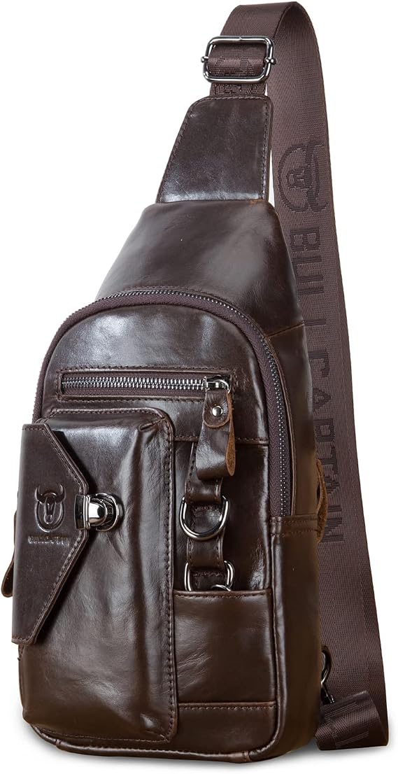 Leather Sling Bag Multipurpose Daypack for Men Women Outdoor Travel Camping Hiking Crossbody Shoulder Chest Pack (Coffee)