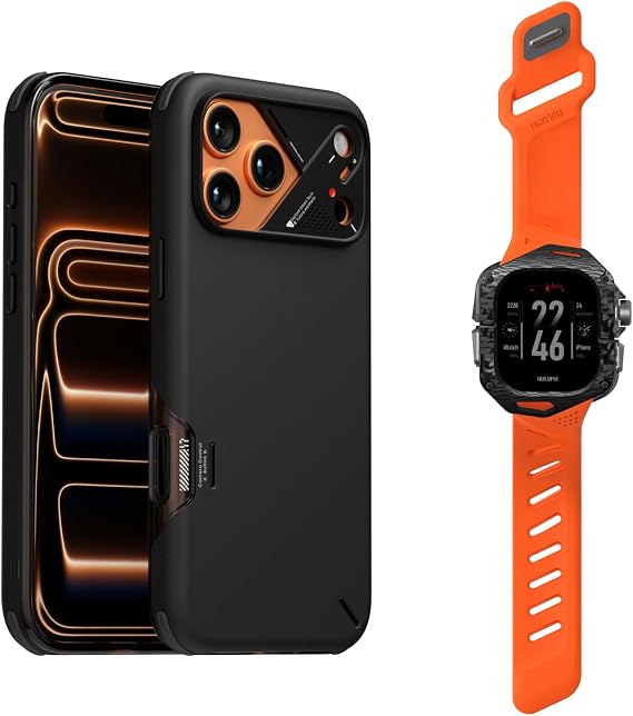 Aulumu A17 Shockproof iPhone 17 Pro Max Case+A01 Carbon Fibre Case with Apple Watch Ultra Band 49MM,Includes (A17) Black + (A01) Orange