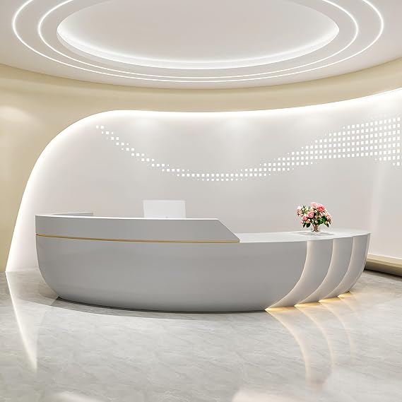 Receptionist Desk, Arc Design Reception Desk with Counter for Office, Beauty Salon, Dental Clinics, Fitness Centers, Hidden LED Lighting, Customizable Logo