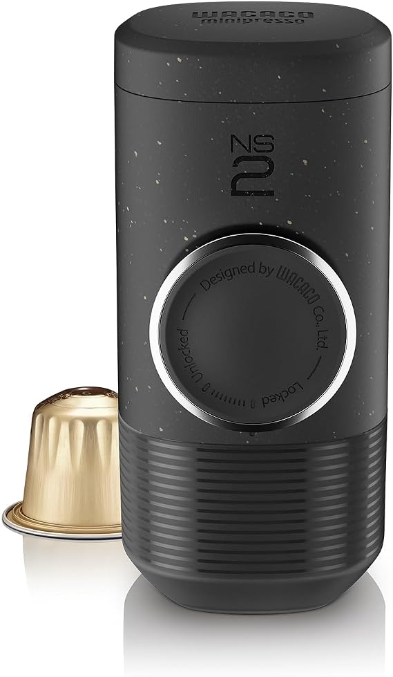 WACACO Minipresso NS2, Portable Espresso Machine, Compatible Original NS Capsules, Travel Coffee Maker, Manually Operated from Piston Action (Coal Black)