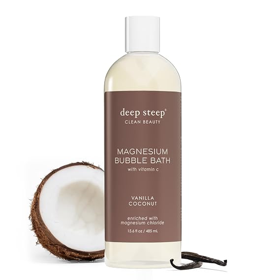 Deep Steep Magnesium Bubble Bath, 15.6 oz Foaming Soak with Magnesium, Coconut Oil, Aloe, Vitamin C, Shea Butter & Argan Oil Vegan, Clean Beauty for Stress & Sleep (Vanilla Coconut)