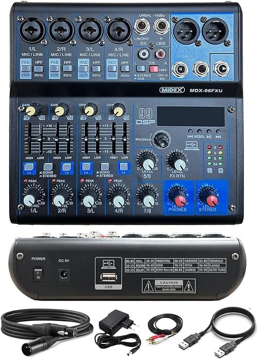 Midex MDX-06FXU Ses Mikseri Stüdyo Kayıt İçin 6 Kanal Ses Kartlı 99 DSP Efektli (+48V-USB-Bluetooth)