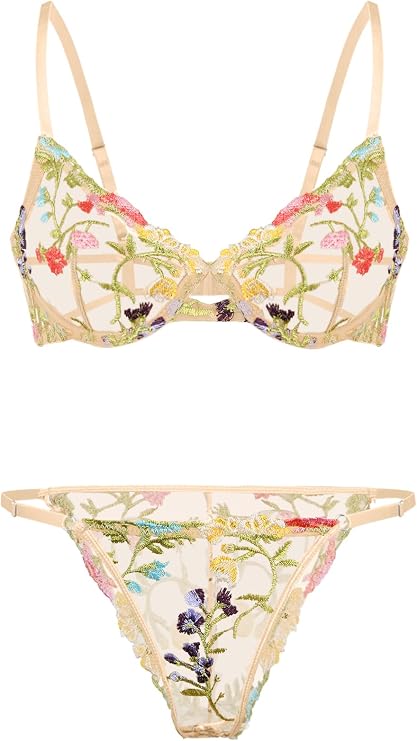 Lilosy Sexy Floral Embroidered Mesh Sheer Underwire Lingerie Set