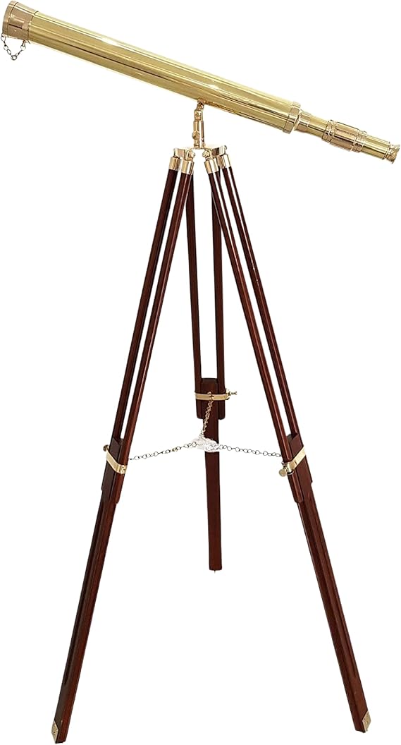 Shiny Brass Nautical Telescope with Wooden Tripod Vintage Spyglass in Golden & Brown Finish for Home Office Decor, Collector Display & Maritime Gift