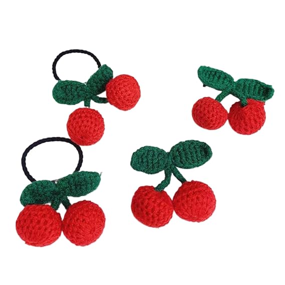 4Pcs Girls Cherry Hair Clips Hair ties, Sweet Handmade Crochet Cherry Hair Barrettes Elastic Hair Tie Accessories Ponytail Holder Hair Accessories for Girls Kids Teens (Red, One Size)