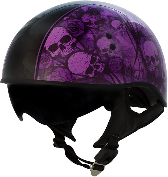 Hot Leathers HLD1039 Gloss Black Purple Skull Bouquet Advanced DOT Unisex Half Helmet w/Drop Down Visor