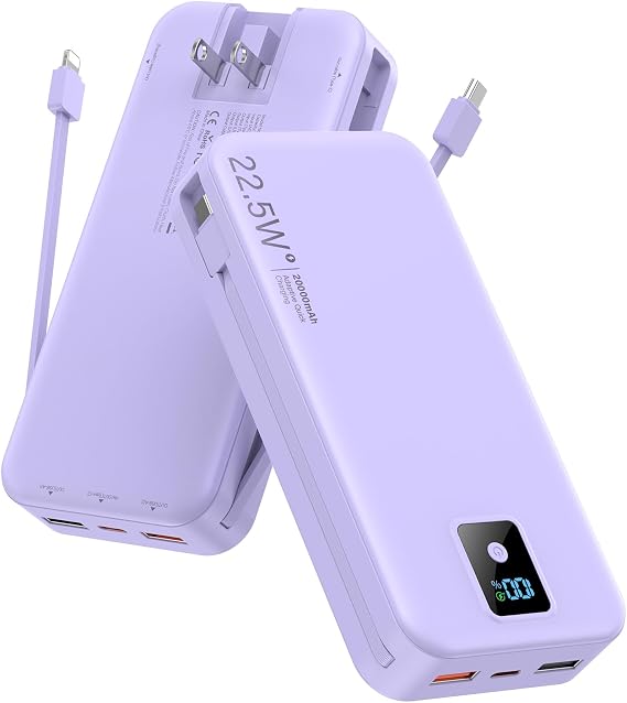 Portable Charger 20000mAh 22.5W w/Built-in Cable & Wall Plug Purple