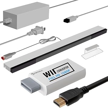 PORTHOLIC 4 in 1 Wii Replacement Cables Set, Wii AC Power Adapter + Wii to hdmi Converter+ Wired Motion Sensor Bar and Composite Audio Video Cable for Nintendo Wii