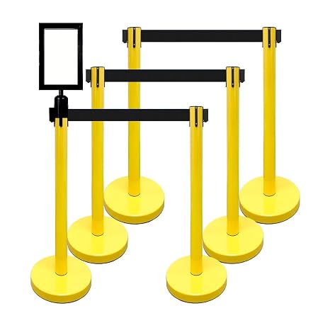 VIP Crowd Control Retractable Belt Queue Safety Stanchion Barrier Set, 36" Ht, 78" Belt + Wall Bracket (6 YEL Posts Black Belt + SFrame + WBracket)