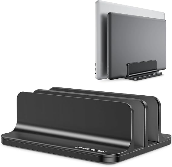 OMOTON Dual Vertical Desk Laptop Stand Holder, Fits MacBook Air/Pro, Black | Aluminum Laptop Storage Rack for Desk, Adjustable Dock for Up to 17.3 in. Gaming Laptop, Space-Saving Desk Organizer