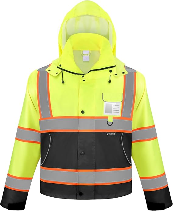 TICONN Reflective Rain Jacket, Waterproof ANSI Class 3 Hi Vis Safety Coat
