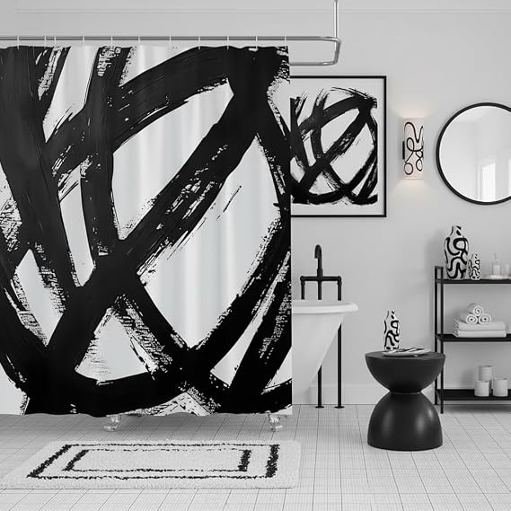 Black and White Shower Curtain, Abstract Modern Graffiti 70 x 70 | Geometry Stripe, Oil Painting Aesthetic, Modern Art Minimalist, Fabric Bathroom Decor Curtains with Hooks