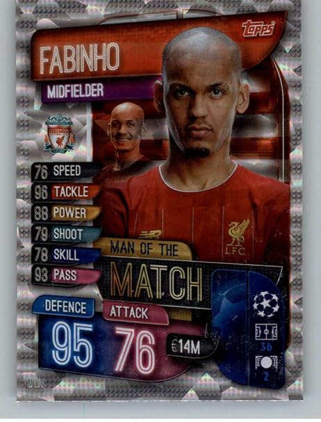 2019-20 Topps UEFA Champions League Match Attax Man Of The Match #M-LIV Fabinho Liverpool Official UCL Soccer Card in Raw (NM or Better) Condition