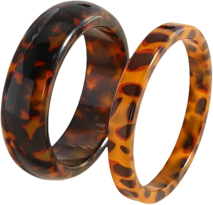 2Pcs Leopard Print Tortoiseshell Chunky Thick Wide Acrylic Bracelet Geometric Statement Acetic Acid Plastic Resin Cuff Bangle Vintage Cool Wristband Jewelry for Women