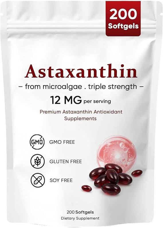 Astaxanthin 12mg, Premium Astaxanthin Antioxidant Supplements, Supports Eye, Skin, Immune, Joint, Internal Circulation, Non-GMO Verified & Gluten Free - 200 Softgels