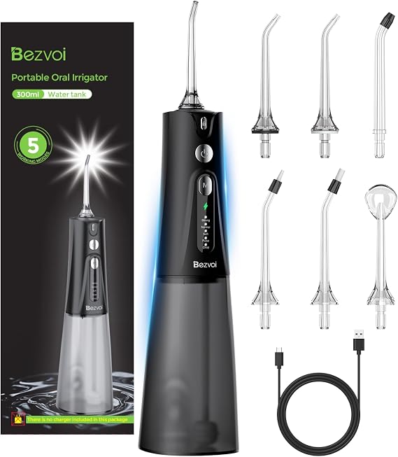 Bezvoi Water Flosser Teeth Pick, 300ML Tank, 5 Modes Cordless for Braces