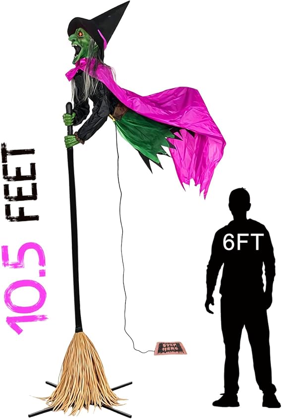 10.5FT Sound Activated & Footpad Start Flying Witch Halloween Animatronics, Large Outdoor Hovering Witch on Broom Decoration for Garden, Yard & Lawn, Animated Flying Witches Halloween Decor