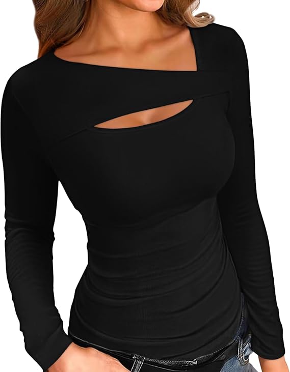 Long Sleeve Shirts Women Ribbed One Piece Cutout Tops Fashion Slim Fitted Clothes
