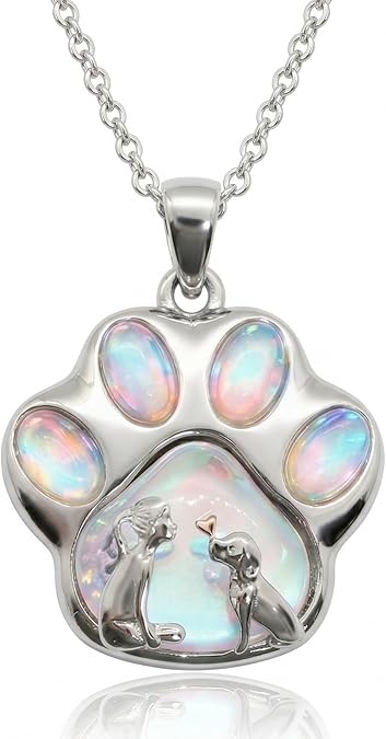 Dog Paw Necklace 925 Sterling Silver Keepsake Moonstone Pendant Paw Print Necklace Jewelry Gifts for Dog Lovers
