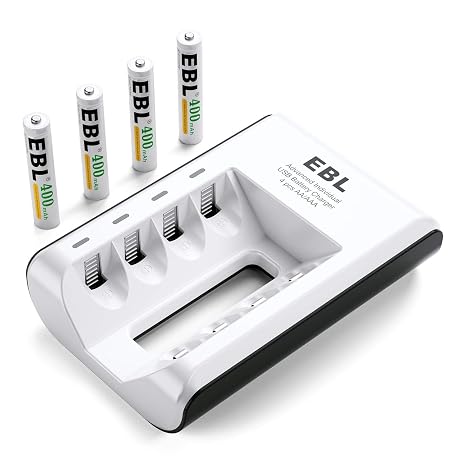 EBL Rechargeable AAAA Batteries 4 Counts with Smart Battery Charger - 400mAh AAAA Battery Surface Pen Battery and Universal Battery Charger for AA AAA AAAA Ni-MH Ni-CD Rechargeable Batteries