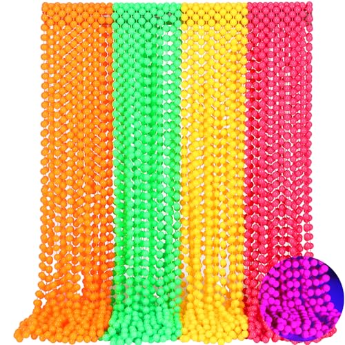 Ecally 96 Pieces Neon Beads Necklaces 33 Glow in The Dark UV Neon Bead Necklaces Glow Party Supplies 80s UV Black Light Accessories Bulk for Birthday Decorations Wedding Mardi Gras Party