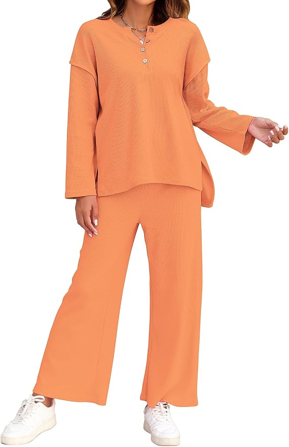 ROYLAMP Women 2 Piece Outfits Long Sleeve Top & Pant Matching Sets Casual Fall Sweatsuit Button Tracksuits