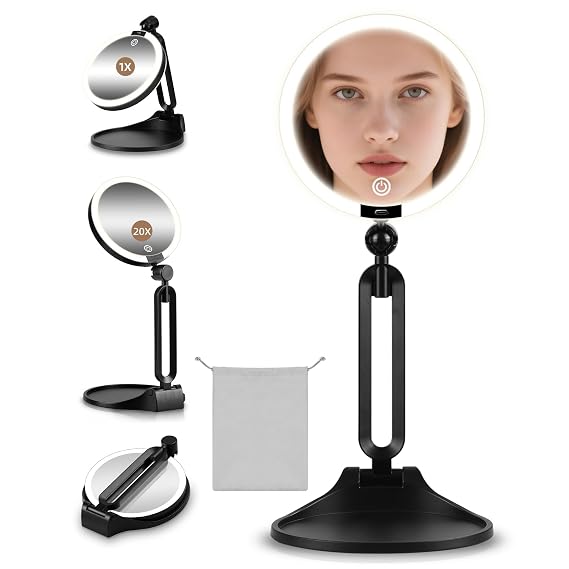 20X/1X Makeup Magnifying Mirror with Lights, 6inch Double-Sided LED Mirror | 1X/20X Makeup Magnified Mirror, Desktop 20X Magnification Rechargeable 3 Color Dimmable Light, 360 Adjustable Rotation Angle