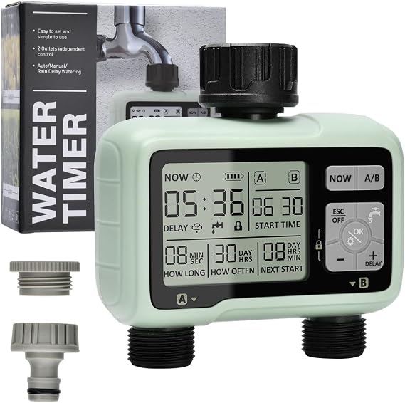 Johgee digital irrigation clock, irrigation computer with 2 independent controlled outputs, LCD screen, automatic/manual irrigation control