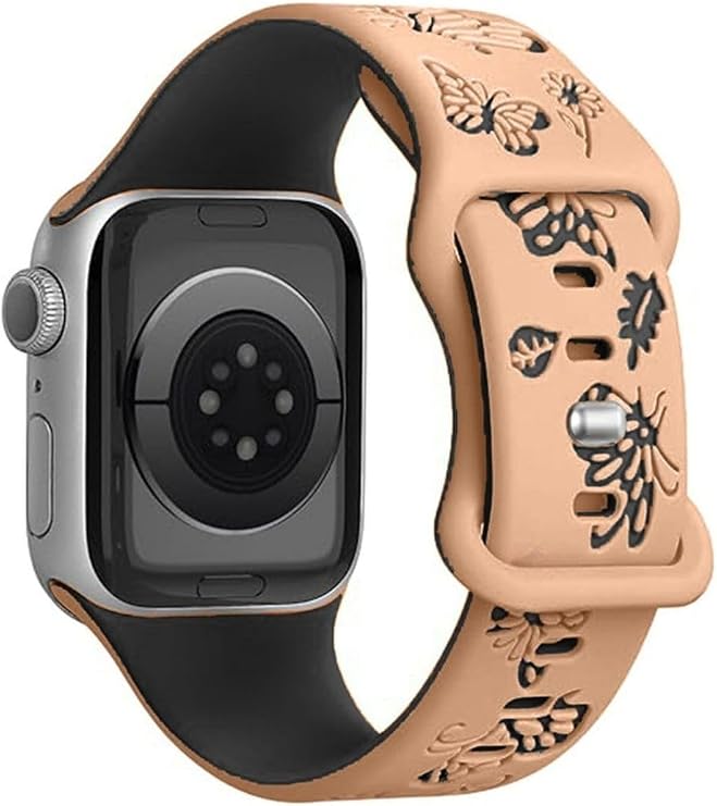 bbtech Apple Watch 38 40 41 mm Series 10 42mm 9 8 7 SE 6 5 4 3 Uyumlu Kelebek Desen Yumuşak Silikon Kordon;Bej